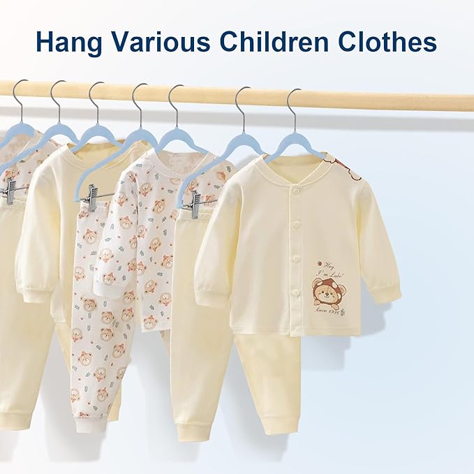 Baby Clothes Hangers with Clips, 24 Packs Kids Velvet Clothes Hangers, Heavy-Duty Childrens Hangers, Storage Organizer Clothing Hangers for Shirts, Pants, Skirts, Dresses, Jackets, Coat Blue