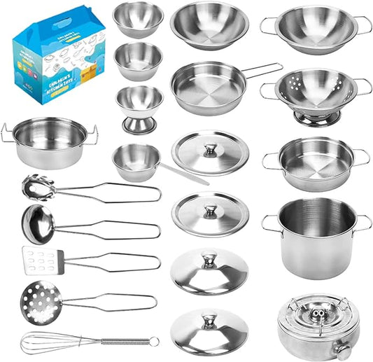 Kids Kitchen Pretend Play Toys, Cooking Toys Play Pots and Pans Set for Kids, 21pcs Small Stainless Steel Kitchen Cookware Kits Toys, Cookware Playset for Girls, Boys