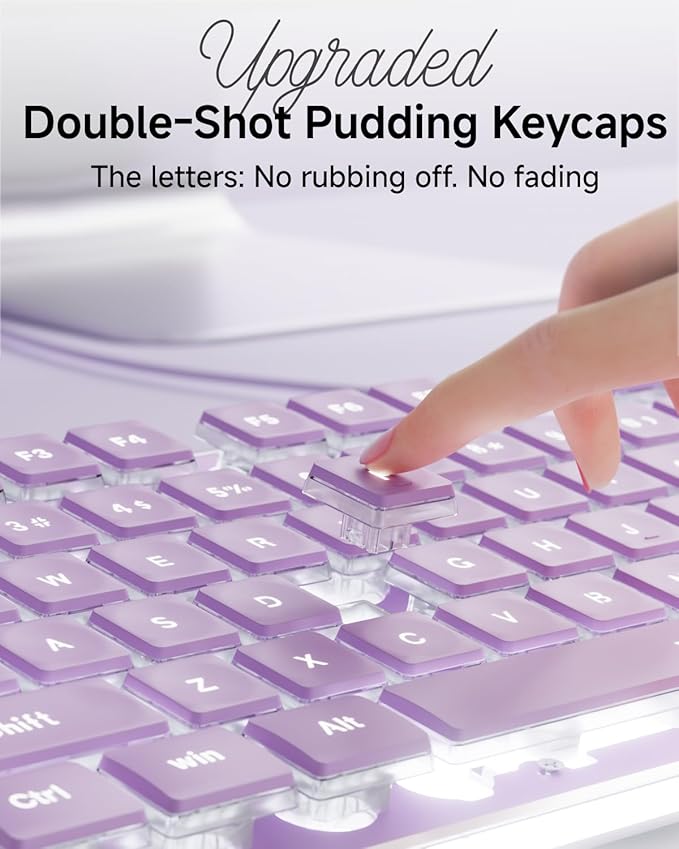 EWEADN GX710S Backlit Computer Keyboards, Wired USB Keyboard with White Backlit, Metal Panel, Plug and Play, Pudding Keycaps Full Size Quite Computer Keyboard for Win/PC/Laptop-Purple