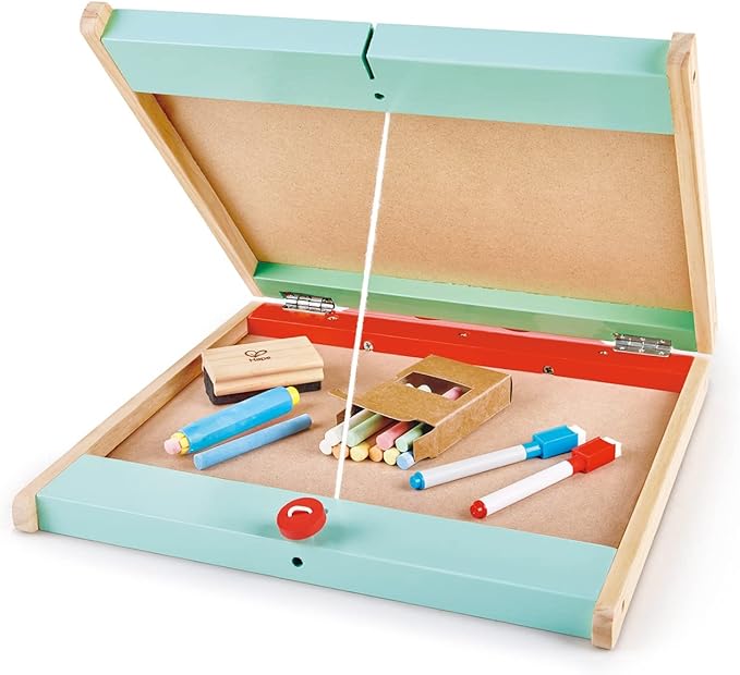 Hape 3 in 1 Tabletop 2 Sided Standing Artwork Easel Blackboard and Magnetic Erasable Whiteboard w/ 10 Chalk Colors & 2 Marker Pens, for Ages 3 and Up