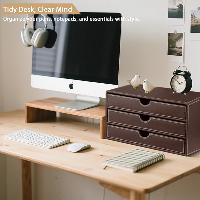 PU Leather Desktop Organizer with Drawers,3 Drawer Office Desk Organizer,Desktop Storage for Office Supplies/A4 Paper/Magazine/Book,for Office School Home.Brown