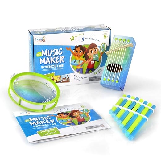hand2mind Science Kit Music Maker, STEM Activities for Kids Ages 5-7, STEM Toys, Kids Storybook, Pan Flute, Ocean Drum, and Box Guitar, 10 at Home Science Experiments for Kids