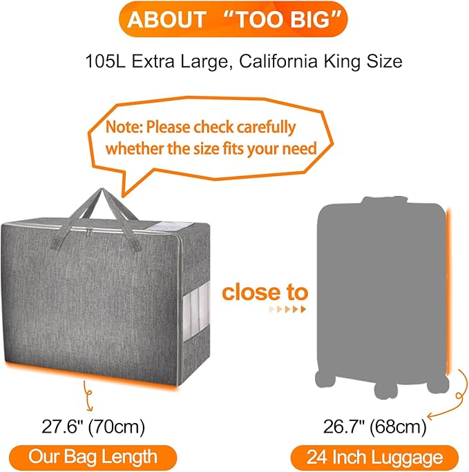 2 Pack 105L Comforter Storage Bags, Extra Large Bedding Storage Bags with Category Card and Clear Window, Reinforced Handles & Zippers, Foldable Closet Organizers for Blanket Pillow