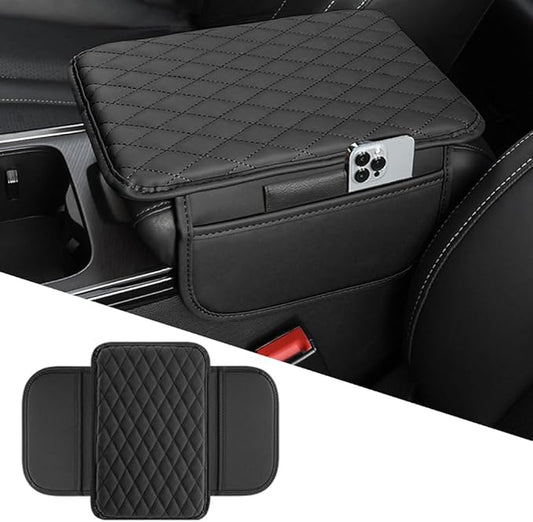 OtpOutopa Car Center Console Armrest Cover, Leather Car Center Console Cover Cushion with 2 Storage Bags, Universal Center Console Pad Car Armrest Lids Storage Box Auto Interior Accessories (Black)
