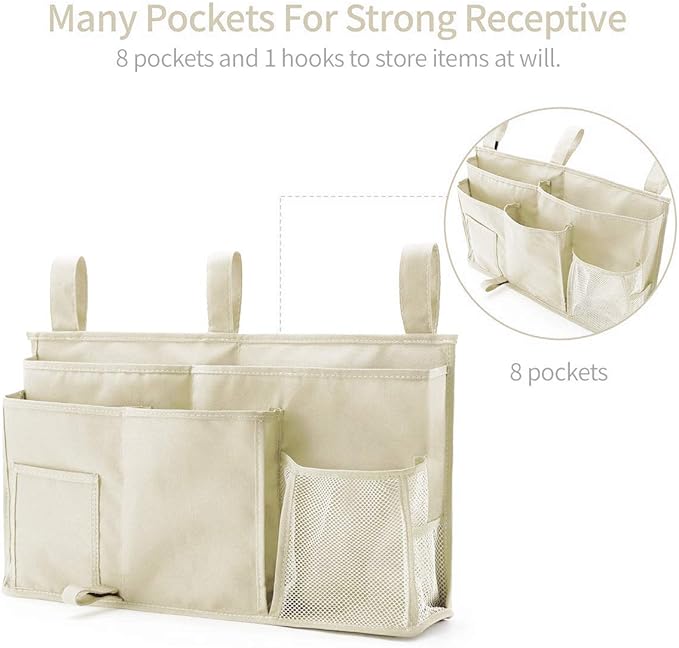 Bseash Bunk Bed Organizer, Bedside Caddy Hanging Bed Organizer Storage Bag 8 Pockets, for College Dorm Rooms Bed, Hospital Bed, Baby Bed Rails, 600D Oxford Cloth (Beige)