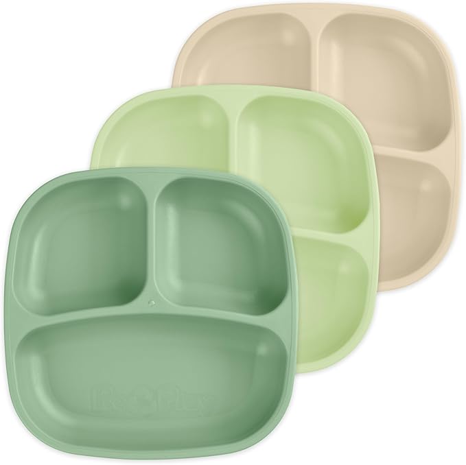 Re-Play Made in USA 7" Deep Walled Divided Plates for Kids, Set of 3 - Reusable 3 Compartment Plates, Dishwasher and Microwave Safe - 7.37" x 7.37" x 1.25", Cactus