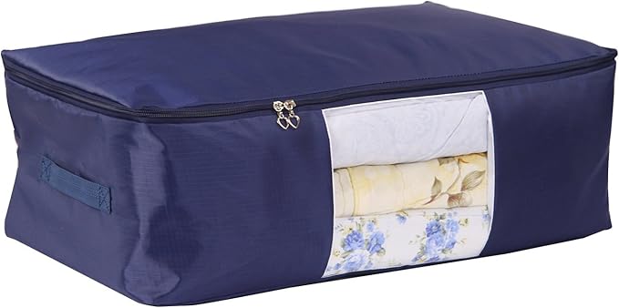 Blanket Storage Bags Pillow Bedspread Bedding Clothes Organizer Storage Containers With Zippers Breathable and Moistureproof. (Navy blue 2pcs, L)
