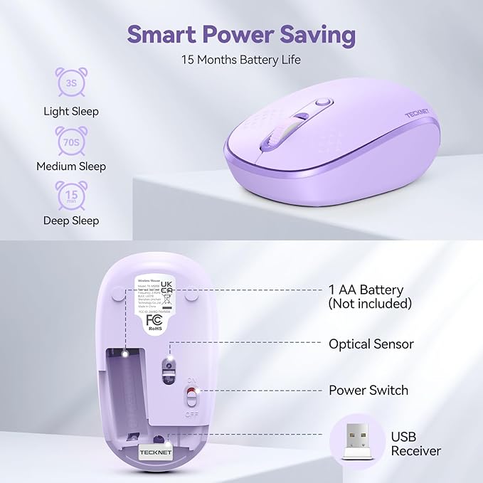 TECKNET Wireless Mouse, 2.4G Quiet Computer Mouse with USB Receiver, 4 Buttons Portable Cordless Mice for Chromebook, Laptop, PC, Mac, 800/1200/1600 DPI - Purple