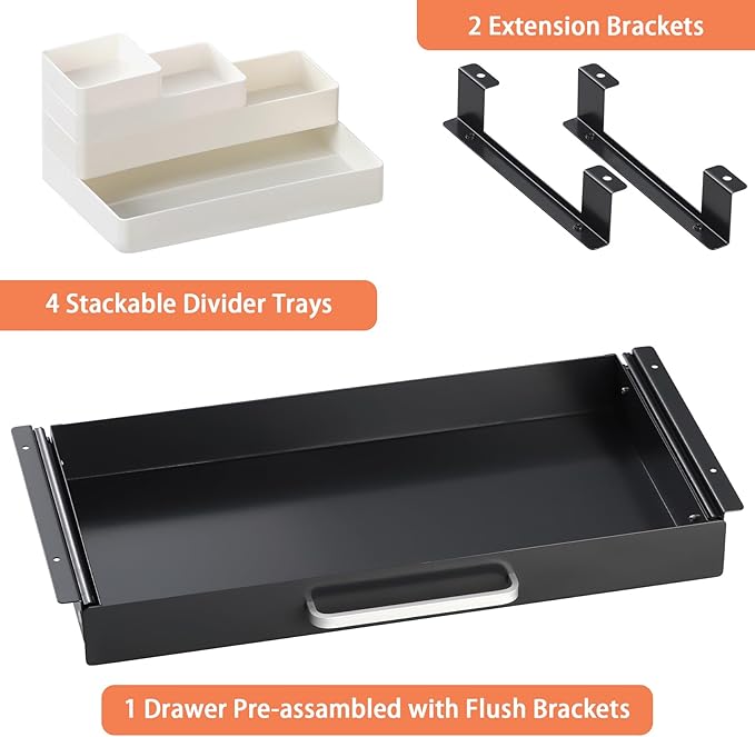 OSteed Under Desk Drawer Black 21" with 4 Divider Trays, Under Shelf Pencil Drawer Pull-out, Standing Desk Metal Storage Attachment Slide Out for Workbench