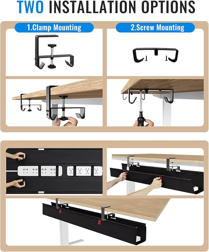 28" No Drill Under Desk Cable Management Tray - Upgraded Oxford Fabric with Cable Loop, No Damage to Table for Standing Desks and Home Office (Regular (28 Inch))