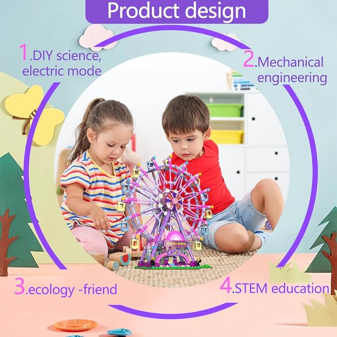 Rotating Ferris Wheel Building Blocks Set Toys with Lighting Kit, Carnival Amusement Park Construction Kits for Kids Children, Great Gift for Age 6+ Years Old（813pcs）-Pink