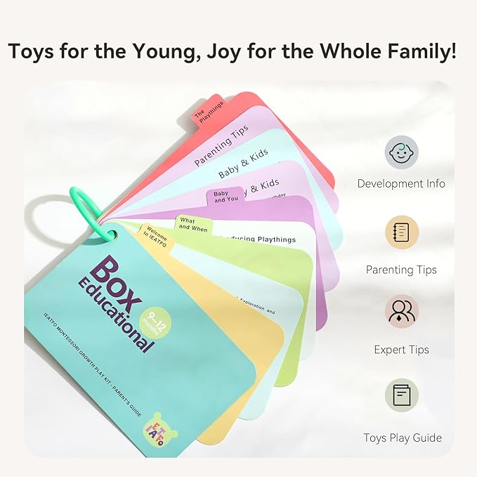 IEATFO Montessori Toys for Babies 9-12 Months, 7-in-1 Wooden Playful Learning Toys with Egg Cup, Castanets, Magic Tissue Box, Textured Shape Puzzle, Cylinder Drop Box and More, Stage-Based Toys