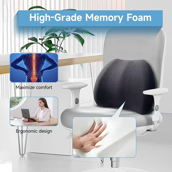 Really Plush Lumbar Support Pillow for Car Seat, Perfectly Balanced 100% Memory Foam Lumbar Pillow - Breathable Removable Cover & Ergonomic Design, Back Pillow for Back Pain Relief(Black, 1PC)