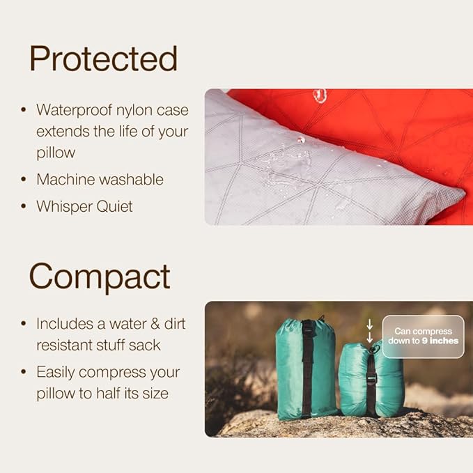 Coop Home Goods Original Adjustable Travel Pillow and Waterproof Pillow Protector Grey Bundle with Compressible Stuff Sack, Medium-Firm Memory Foam and Washable Cover, CertiPUR-US Certified (19x13)