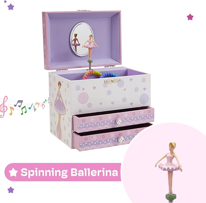 Jewelkeeper Jewelry Box - Jewelry Box for Girls with Ballerina and Music Box - Dual Drawers and Spacious Storage - Swan Lake Tune - White and Purple Keepsake Box - 6 x 6.75 x 5.25 Inches