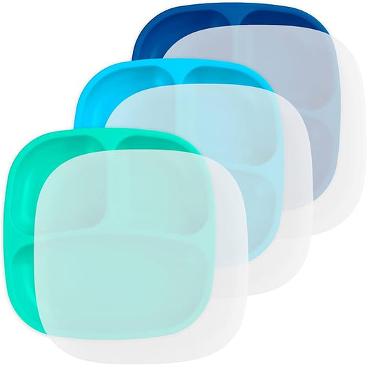 Re-Play Made in USA 7" Deep Walled Divided Plates for Kids, Set of 3 With 3 Lids - Reusable 3 Compartment Plates, Dishwasher and Microwave Safe - 7.37" x 7.37" x 1.25", A True Blue
