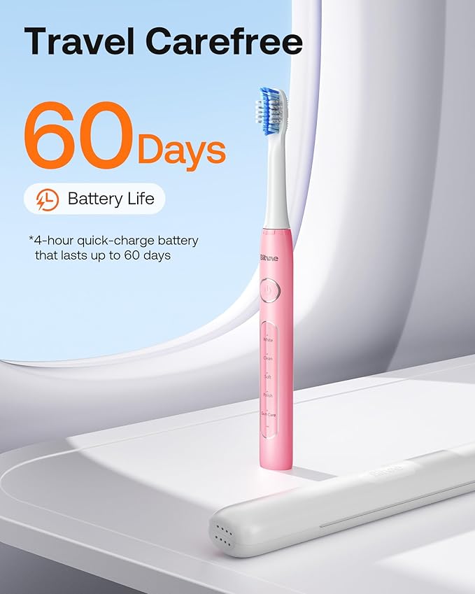 Bitvae Ultrasonic Electric Toothbrush - Rechargeable Sonic Electric Toothbrush for Adults and Kids, Power Toothbrush with Holder, 8 Brush Heads, Smart Timer, Fast Charge, Pink D2