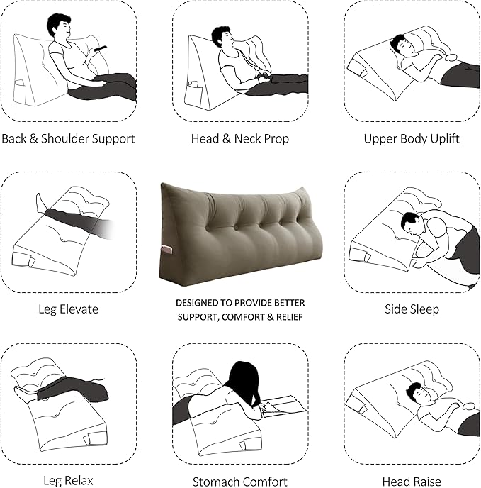 Wedge Headboard Large Bolster Pillow Reading Pillows for Sitting in Bed Adult， Velvet Triangular Cushion Backrest Lumbar Back Support Upholstered Daybed Sit Up Book Pillows（Camel, King）