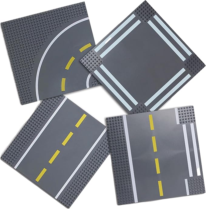 Strictly Briks Compatible with Lego Building Blocks Road Plates 10" x 10", 4 Pack Brick Baseplates for City Road, Street, Race Track, Classic Size (2 Straight + 1 Curved + 1 Intersection)