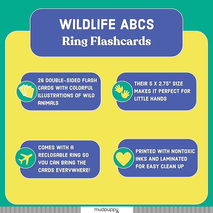 Mudpuppy Wildlife ABCs Ring Flash Cards for Kids - 26 Double-Sided Alphabet Flash Cards on a Reclosable Ring, Colorful Animal Illustrations - Learning Games for Toddlers and Preschoolers