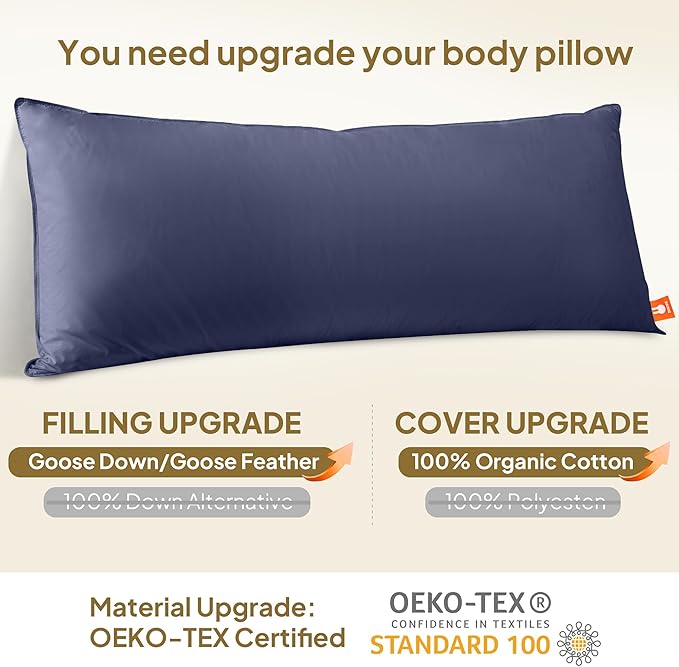 Goose Down Body Pillows for Adults, Large Body Pillow for Side Sleeper, Hugging Feather Body Pillow Insert, Cooling Full Length Long Pillow for Bed with 100% Organic Cotton Shell, Navy Blue 20"x72"