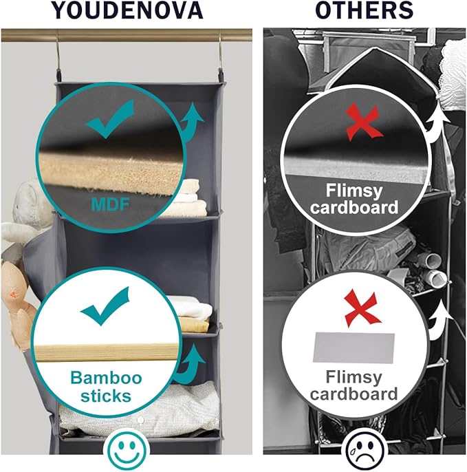 YOUDENOVA Hanging Closet Organizer, 6-Shelf Closet Hanging Storage Shelves, 2 Packs, Grey