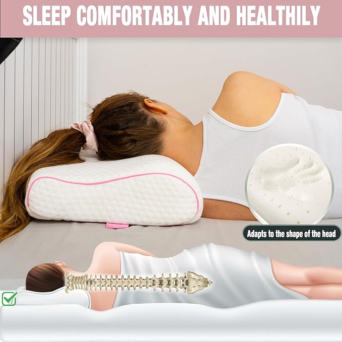 alkamto Travel & Camping Comfortable Memory Foam Pillow – Easy to Carry Portable Bag – Temperature Regulating Pillow Case (Pink Contour + Extra Cover)