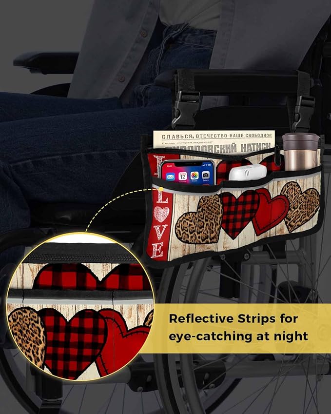 Wheelchair Side Storage Bag Valentine's Day Red and Leopard Print Love Heart Armrest Pouch with Cup Holder and Reflective Strip Wheelchair Accessories Organizer Bags for Walkers Rollator