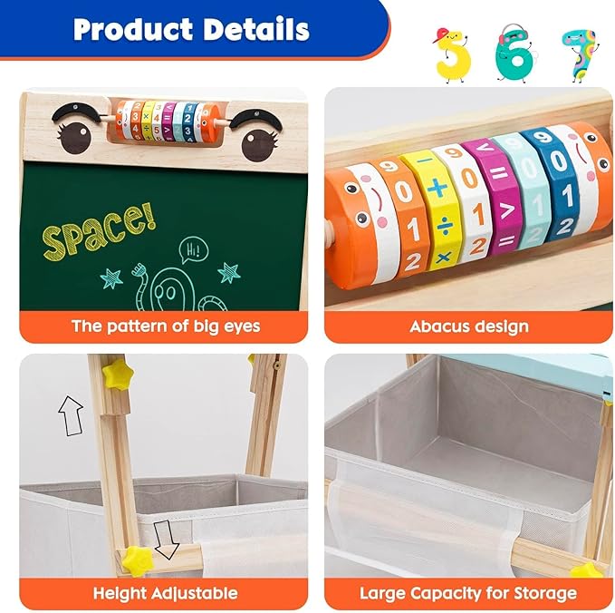 Kids Easel with Paper Roll Wooden Art Easel Height Adjustable Standing Easel with Bead Numbers Alphabet Animal Accessories Double-Sided Whiteboard & Chalkboard for Boys Girls 3 4 5 6 7 8