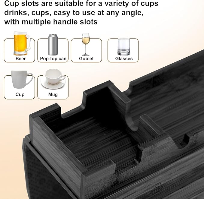 CNQLIS Bamboo Couch Cup Holder - Detachable Sofa Armrest Tray, Anti-Slip Foldable Sofa Table Tray for Drinks, Cellphone, Remote, Snacks, Versatile 2-in-1 Couch Arm Tray Set (Black)