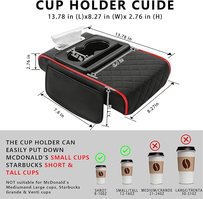 Car Armrest Cushion, Car Center Console Cover, Leather Armrest Cover for Car, Universal Middle Console Cushion with Storage Box, Cup Holder, Phone Slot, Waterproof Interior Accessories (black-red)