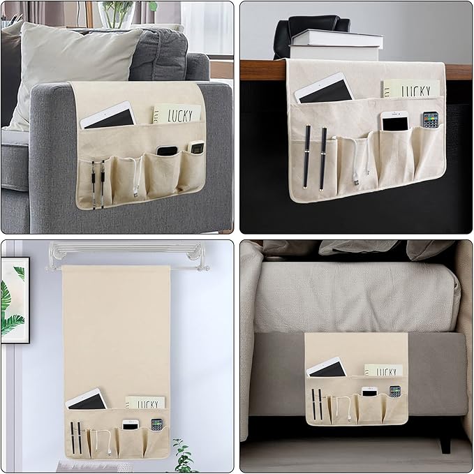 NB Sofa Armrest Organize remote holder bedside caddy organizer with 5 pockets，non-slip couch remote control holder couch armchair caddy accessories (Beige, 35''x18'')