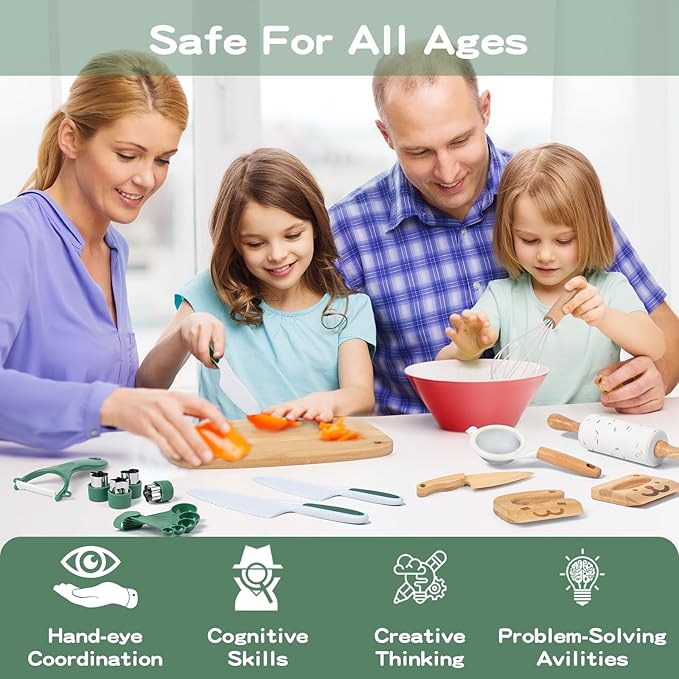 20 PCS Kids Safe Knife Set for Real Cooking, Montessori Kitchen Tools for Toddlers, Cooking & Baking Set for Kids Little Chefs, Kids Kitchen Knife Set, Crinkle Cutter, Kids Apron for Girls Boys