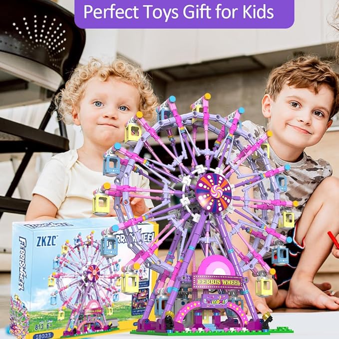 Rotating Ferris Wheel Building Blocks Set Toys with Lighting Kit, Carnival Amusement Park Construction Kits for Kids Children, Great Gift for Age 6+ Years Old（813pcs）-Pink
