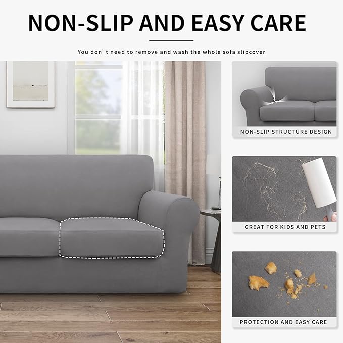 Easy-Going 100% Dual Waterproof Stretch Soft Couch Cover for Dogs, Sofa Slipcover for 3 Separate Cushion Couch Leakproof Furniture Protector for Kids, Pets Light Gray