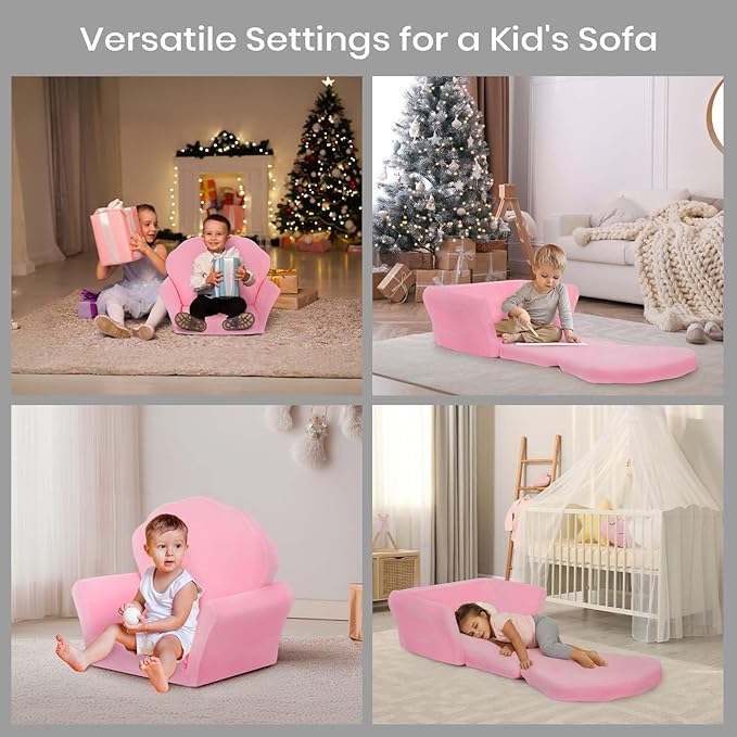 COSYLAND Kids Sofa for Toddler, 2-in-1 Folding and Expandable Soft Chair Bed Toddlers,Convertible Sofa to Lounger Sleeper Chair Bed for Girls and Boys,Pink