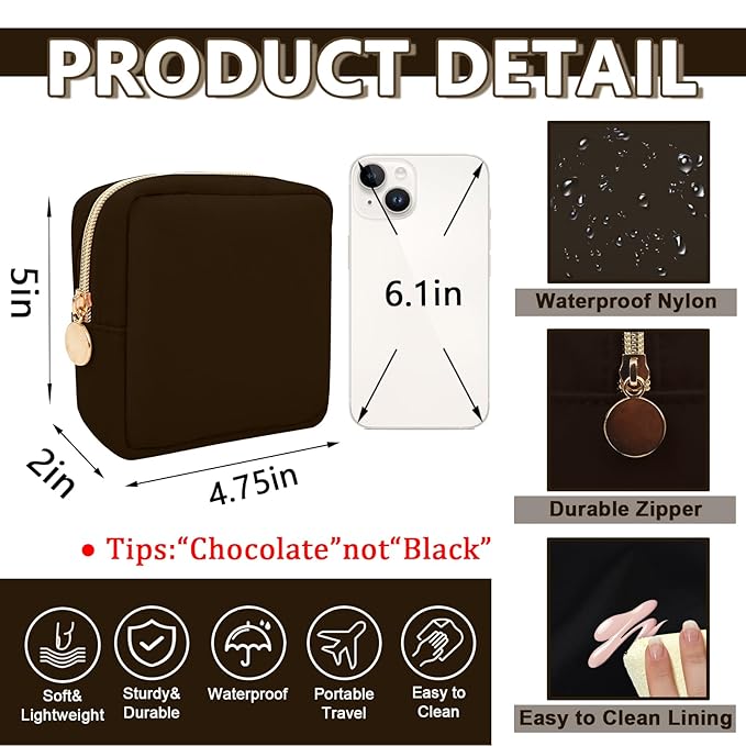 UIXIZQ Mini Makeup Pouch for Purse, Small Cosmetic Bag Pouch Nylon Travel Toiletry Organizers Bag for Women Girls, Cute Zipper Coin Purse Preppy Storage Purse for School Work(Mini-Chocolate)