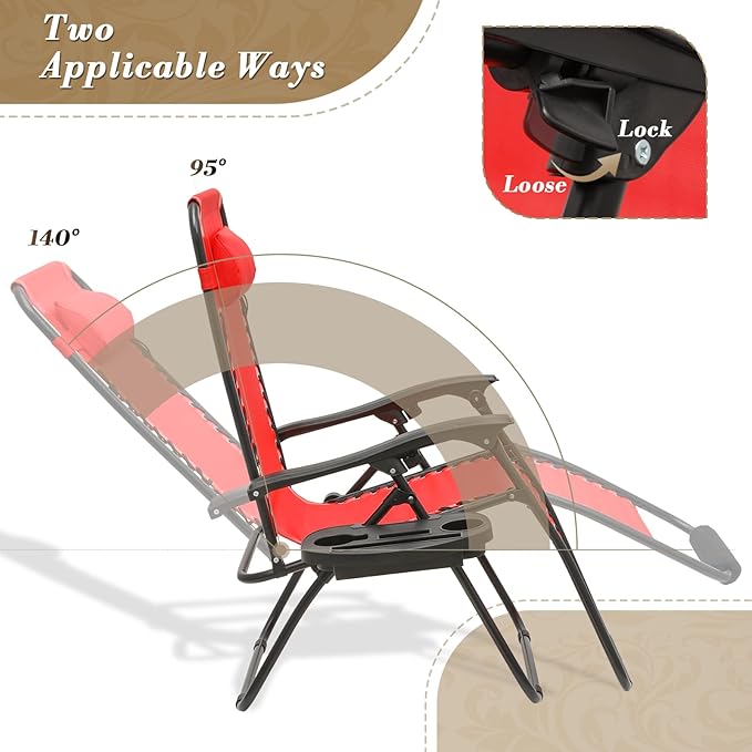 Athena Collection Zero Gravity Outdoor Lounge Chairs Set of 2, 29" Width Pool Lounge Lawn Chairs Reclining with Cup Holder Food Pad, Outdoor Chaise for Beach Patio Backyard Outside, Red