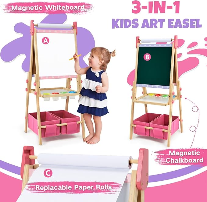 Kids Easel Including 100+ Accessories, Dual-Sided Wooden Easel for Kids Girls Age 3-12 with Magnetic Chalk & Painting Board, Free Height Adjustable Art Easel Supplies for Toddlers (Pink)