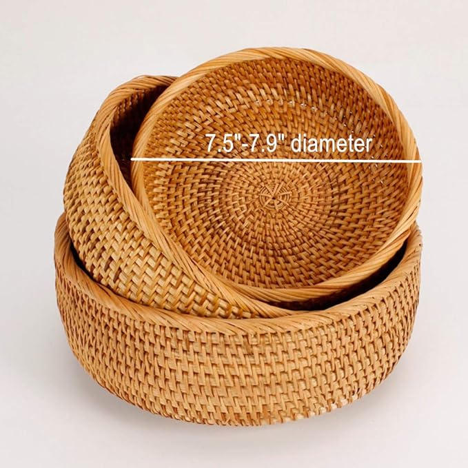 Hadewoven Round Rattan Fruit Basket Wicker Food Tray Weaving Storage Holder Dinning Room Bowl, 8 Inch Small Bread Baskets Tray for Serving with Deep Wall, Brown (Small 7.48”)