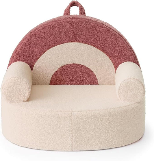 Blissful Diary Toddler Chair Comfy, Foam Kids Chair with Soft Teddy Plush, Toddler Reading Armchair with Cute Rainbow Designs- Light Cream