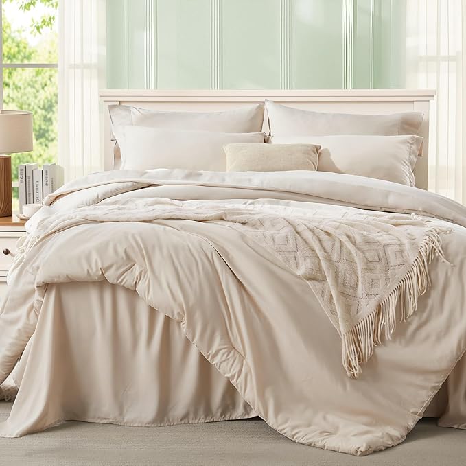 Anluoer Beige King Comforter Set 7 Pieces, Bed in a Bag with Sheets, All Season Bedding Sets with 1 Comforter, 2 Pillow Shams, 2 Pillowcases, 1 Flat Sheet, 1 Fitted Sheet