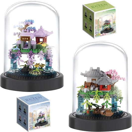 Cherry Blossom Tree House Building Block Sets with Acrylic Display Box Chinese Architecture of Peach Blossom Bonsai Treehouse Micro Mini Building Set Toy Gift for Kids Adults（2 Boxes）