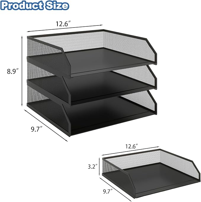 Natwind 3-Tier Stackable Paper Tray, Metal Mesh Desktop Organizer, A4 Paper Sorter, Letter Trays,File Folder Sorter Organizer with Sliding Tray for Home, Office, School (Black)