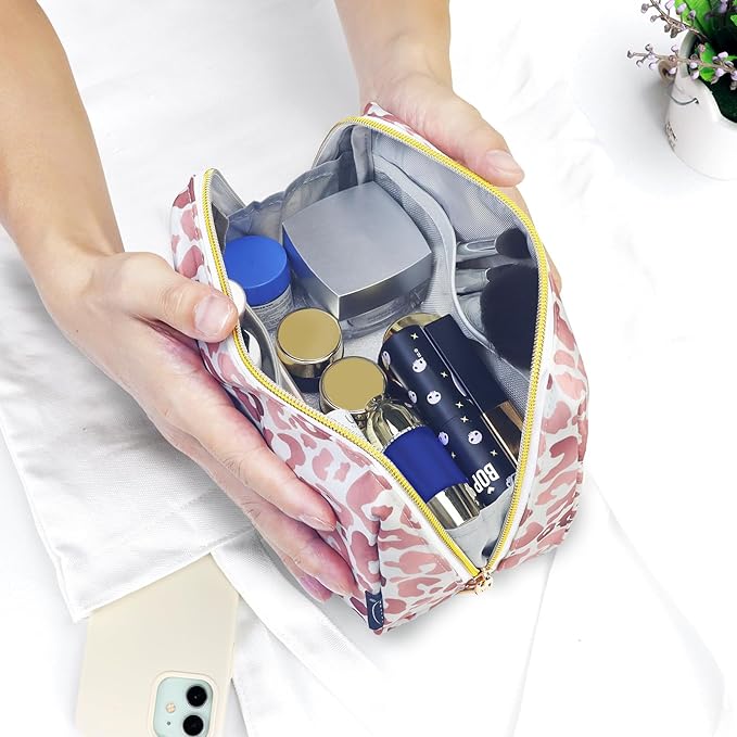 Aosbos Small Travel Makeup Pouch - Pink Leopard Print Cosmetic Case for Women