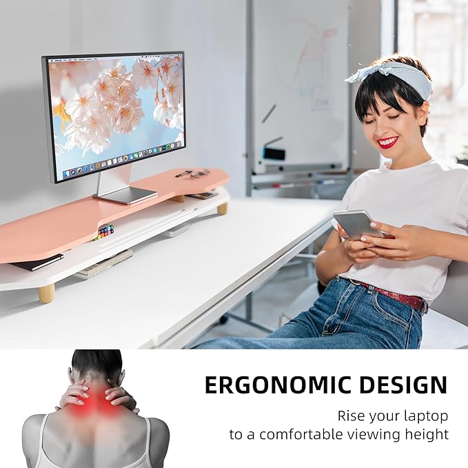 AFOOYO 2 Tier Dual Monitor Stand Riser,Wider Board Computer Monitor Stand for 2 Monitors,Slot For Phone/Tablet Office Desktop Organizer for Laptop,PC,Computer,Printer,Pink