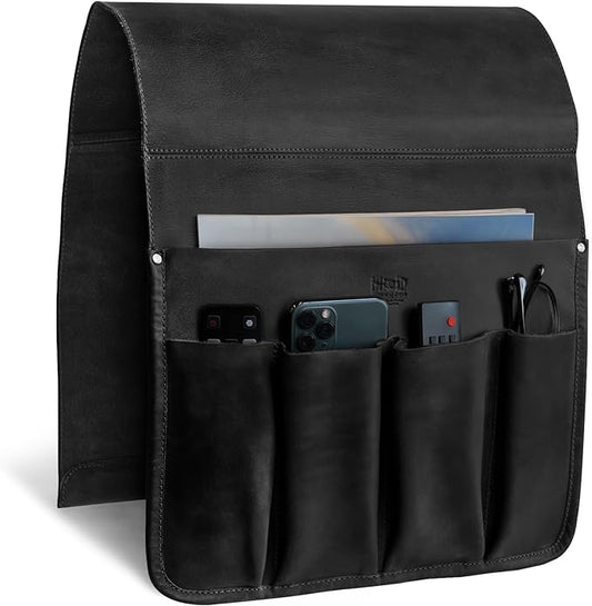 Hide & Drink, Magazine Holder for Sofa Armrest, Organizer Pouch, Armchair Caddy, Full Grain Leather, Handmade (Charcoal Black)