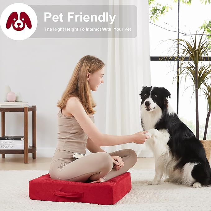 22 inches Floor Pillow for Adults - Large Meditation Cushion with Thick Foam & Soft Tufted Cover - Premium Outdoor Square Floor Cushion Seat - Yoga Pillows for Sitting On Floor - Burgundy