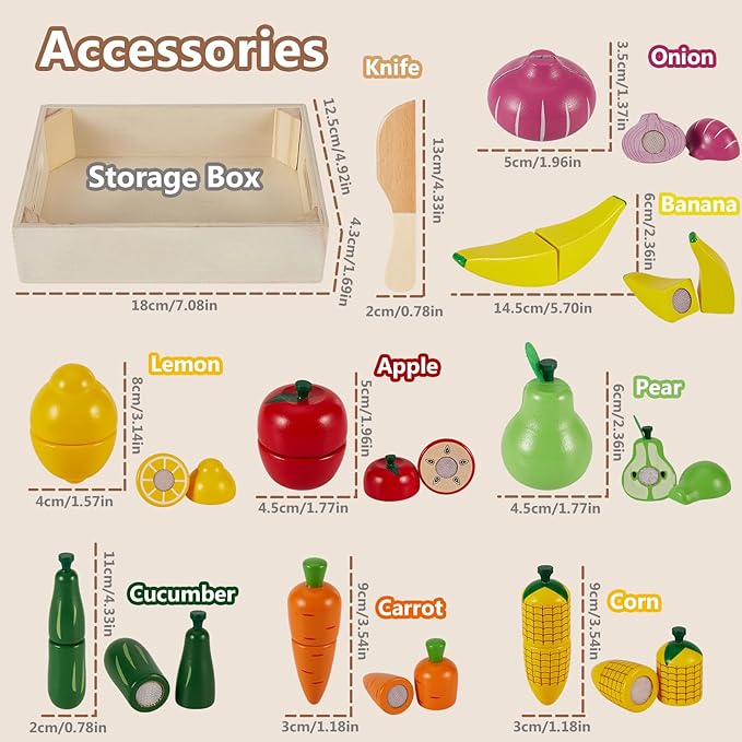 HERSITY Wooden Play Food Set Cutting Fruits and Veggies Toys for Toddlers 1-3, Pretend Play Kitchen Accessories Montessori Educational Toys for Kids Boys Girls 18 Months+