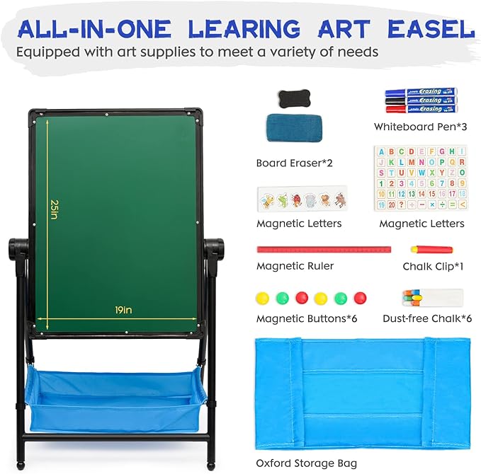Art Easel Double Sided Whiteboard & Chalkboard 26inch-43inch Height Adjustable & 360°Rotating Easel Stand with Accessories